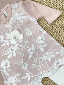 Conjunto Polaina Flores Rosa Palo Bordado